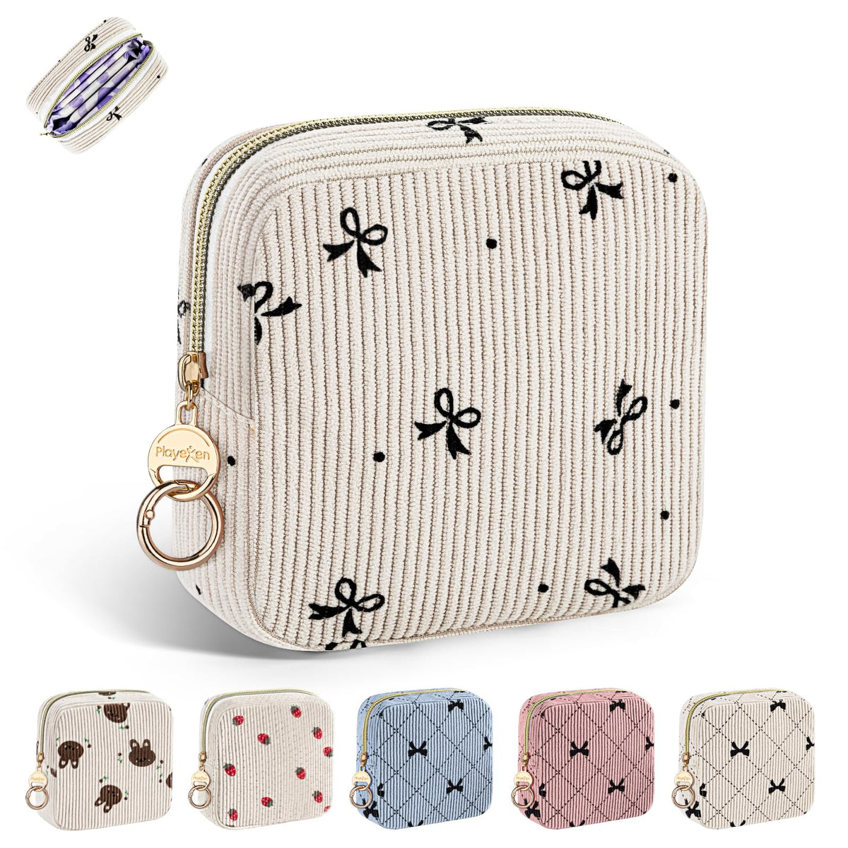 Period Bag for Teen Girls, Corduroy Sanitary Napkin Pouch, S-Beige