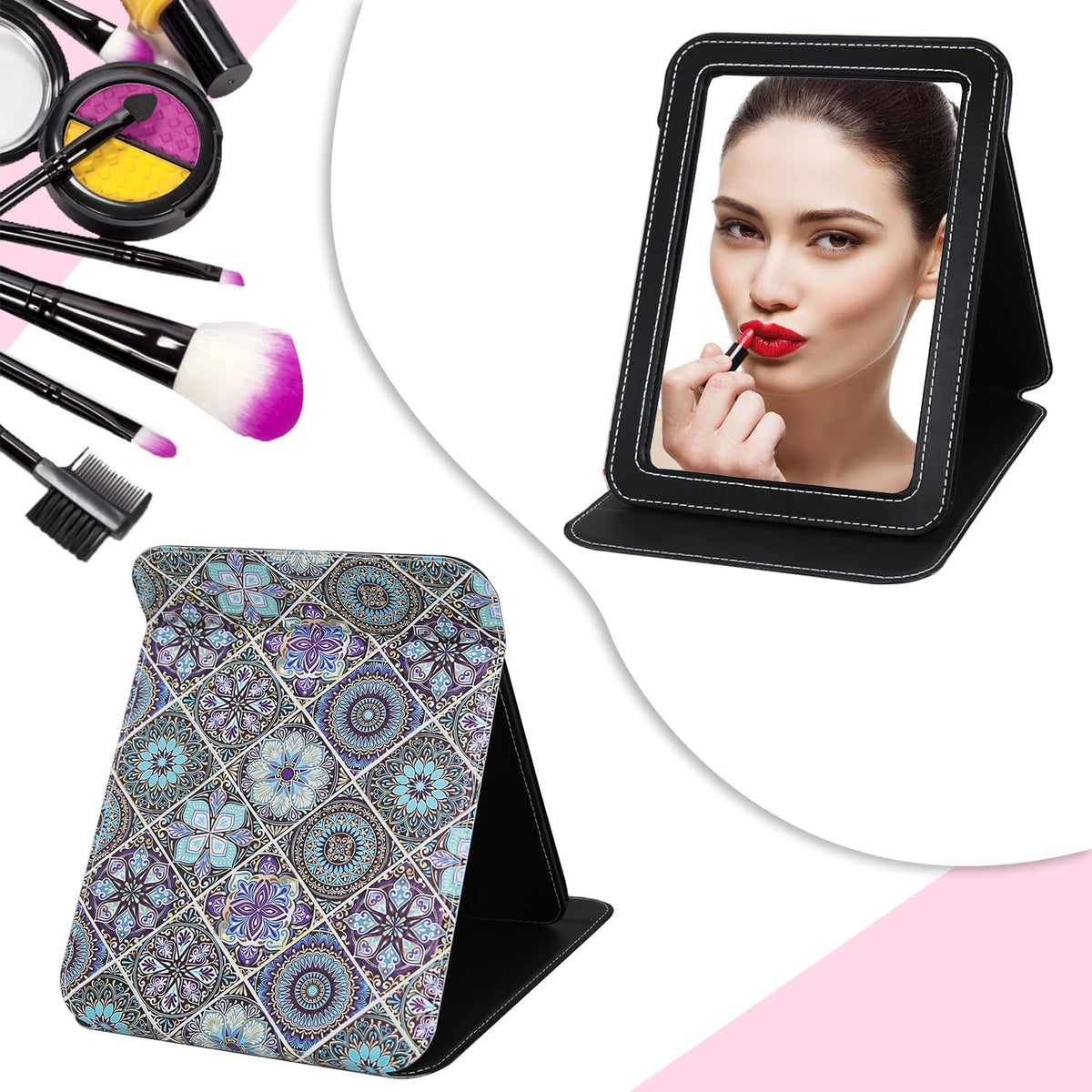Large Folding Mirror Portable, Travel Foldable PU Adjustable Rectangular Ultrathin Vanity Mirror Rounded Corner with Multi Stand Angle, for Travel, Camping,Home 9x7 Inch