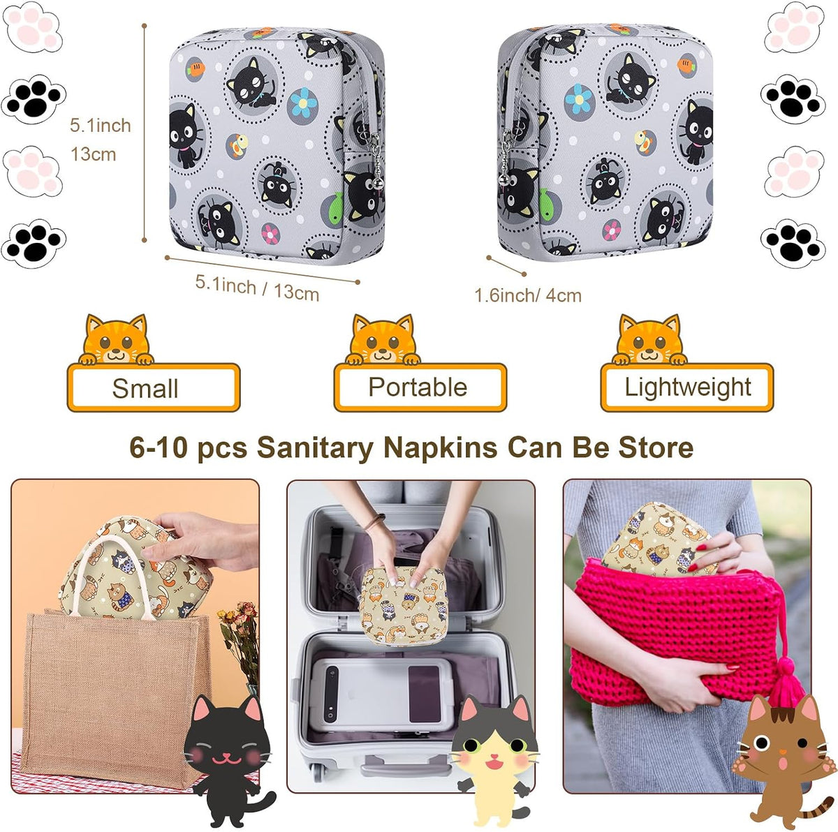 Likesing Tampon Holder for Purse, Canvas Period Bag Pouch-Gray Cat