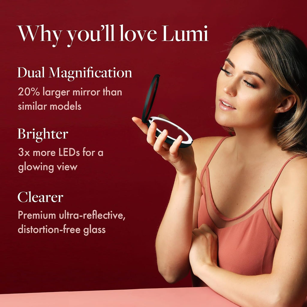 Fancii LED Lighted Travel Makeup Mirror, 1x/10x Magnification - Daylight LED, Compact, Portable, Large 5" Wide Illuminated Folding Mirror (Lumi) White