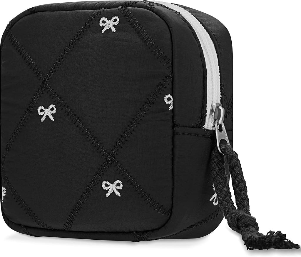 Quilted Bow Period Bag, Period Pouches for Teen Girls Women(Black)