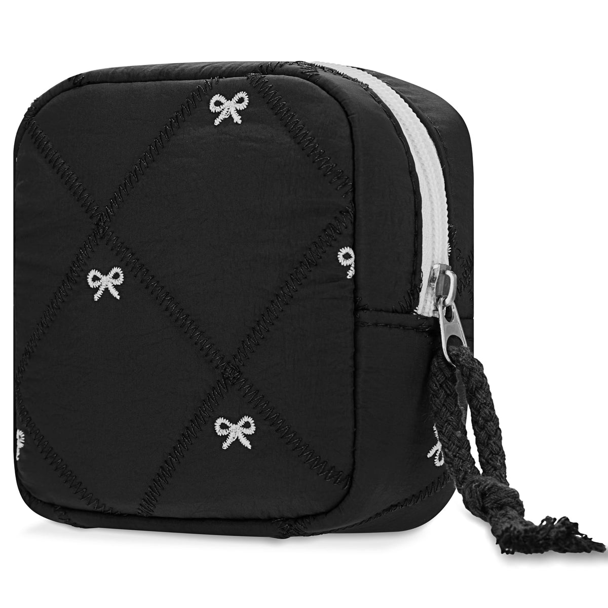 Quilted Bow Period Bag, Period Pouches for Teen Girls Women(Black)