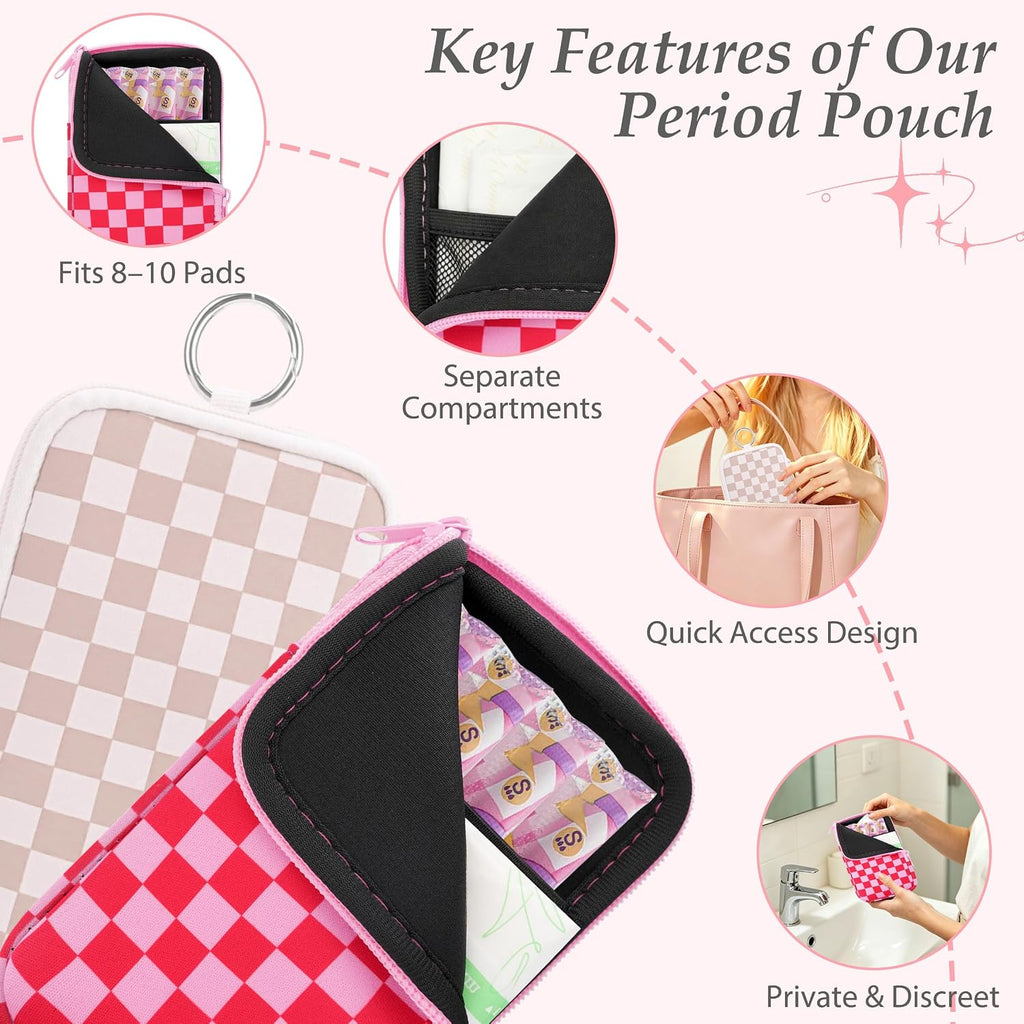 KJQJLY 2 Pack Portable Tampon Organizer Bag Tampon Holder & Storage Case with Zipper for Travel, Discreet Period Bag for Purse, Waterproof Feminine Products Pouch for Women (Checkered)