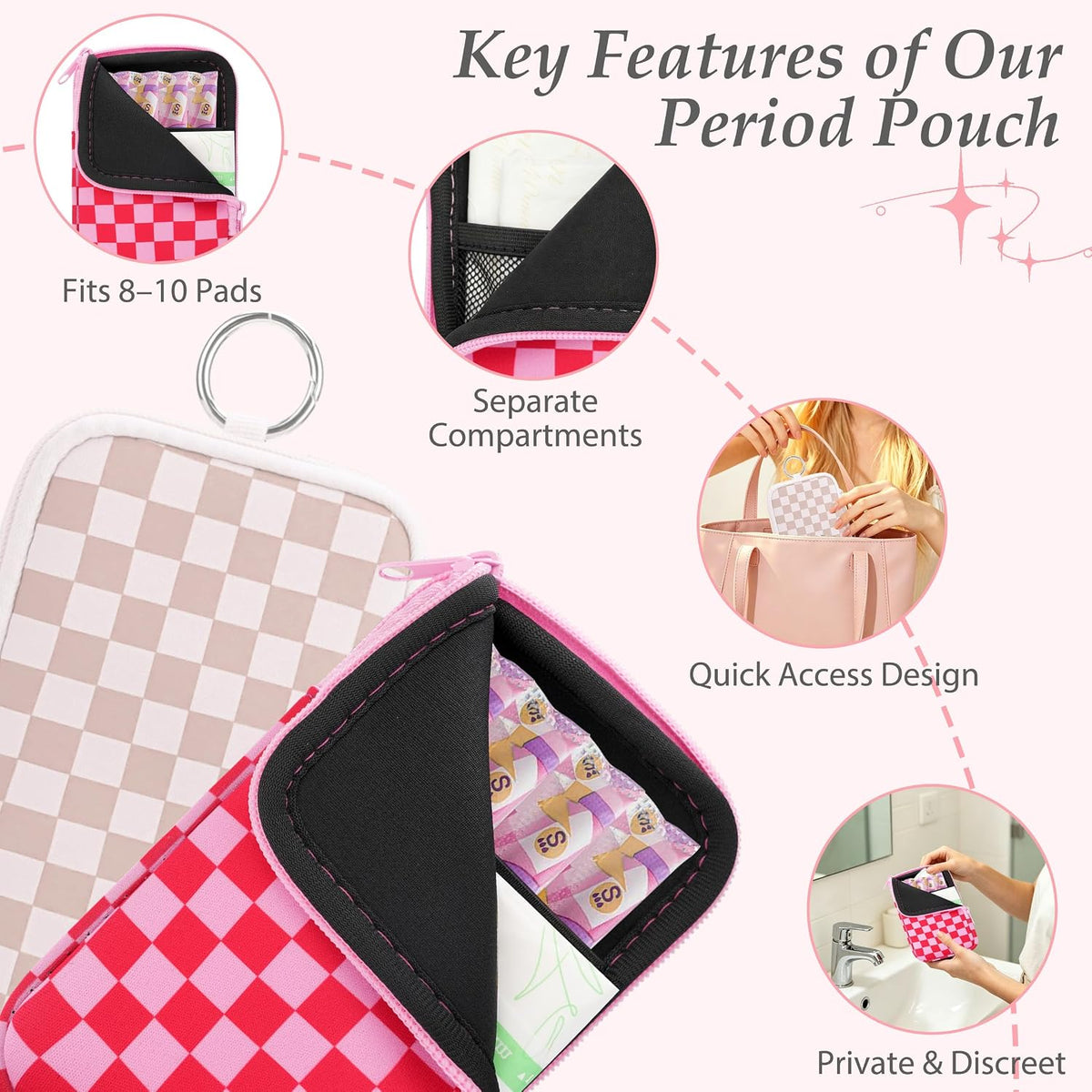 KJQJLY 2 Pack Portable Tampon Organizer Bag Tampon Holder & Storage Case with Zipper for Travel, Discreet Period Bag for Purse, Waterproof Feminine Products Pouch for Women (Checkered)