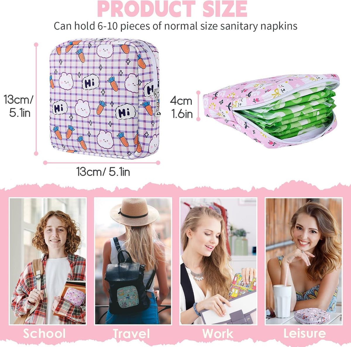 Sanitary Pad Storage Bag Portable Period Bag for Teen Pads/Sanitary Napkins/Small Tampons, Sanitary Napkin Storage Bag First Period Gifts for Teen Girls (Pink-White Checker)