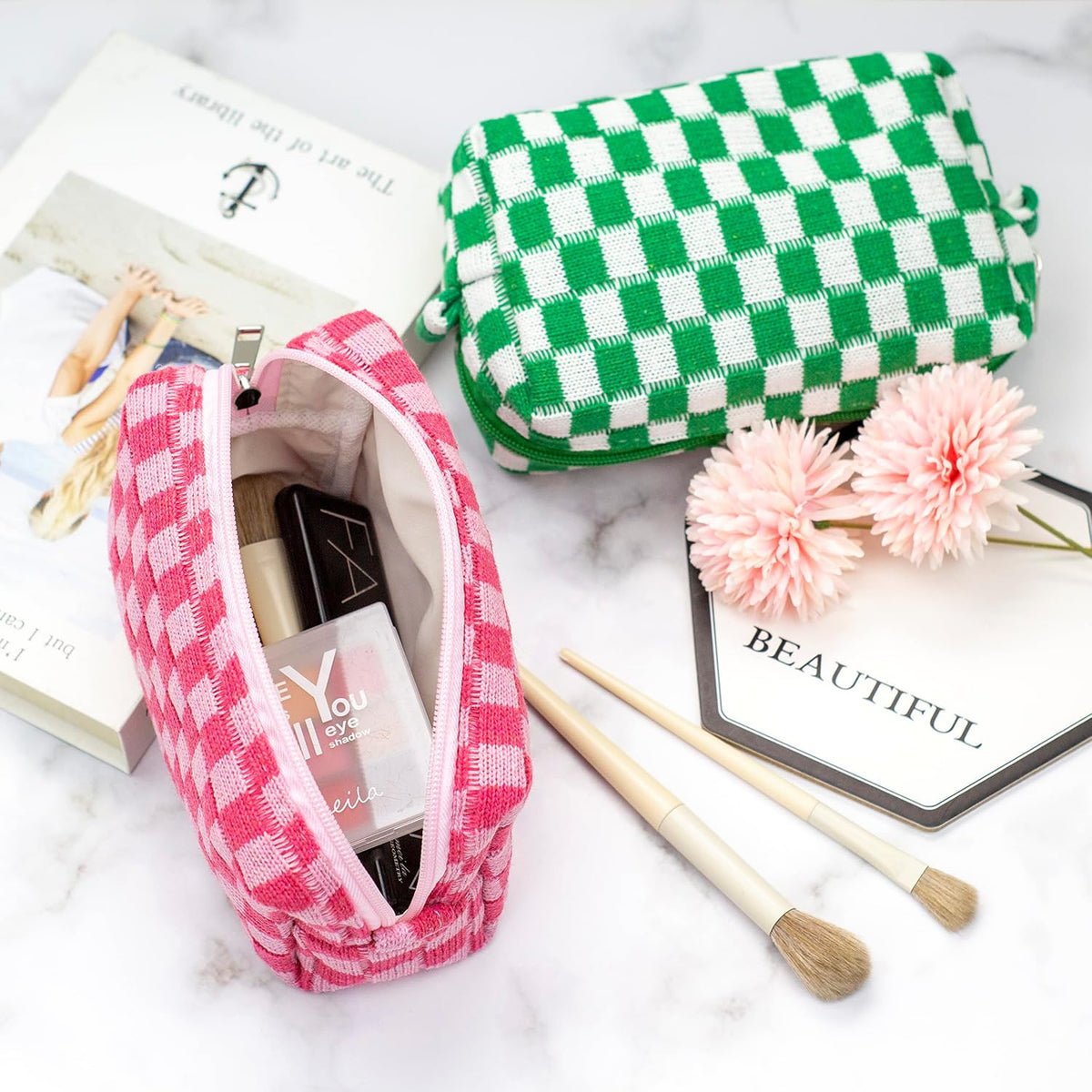 PAZIMIIK Checkered Makeup Bag for Purse Portable Zipper Make Up Pouch Small Cosmetic Case for Travel Accessories (Hotpink)
