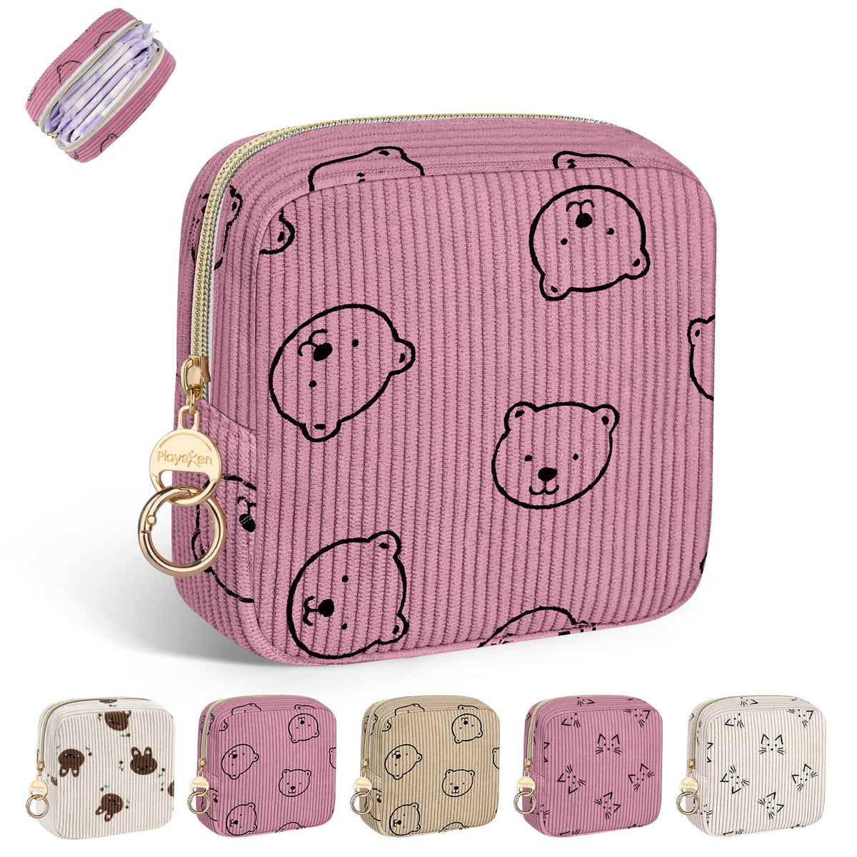 Period Bag for Teen Girls, Corduroy Sanitary Napkin Pouch, B-Beige