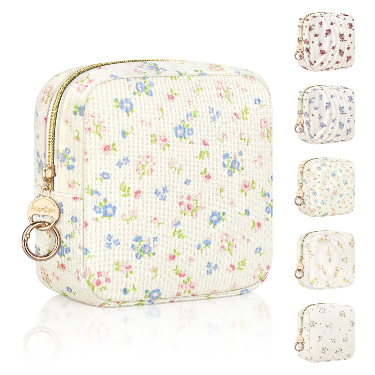 Floral Period Bag, Small Period Pouches for Teen Girls, Quilted Sanitary Napkin Storage Bag, Compact Discreet Pad and Tampon Holder for Purse (Floral-Rose Blue)