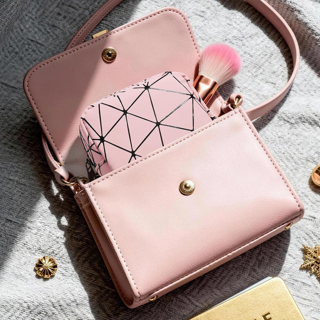 Discreet Period Bag Waterproof Geometric PU Sanitary Napkin Storage Bag Portable Menstrual Pad Pouch Cute Tampon Bag for Purse Small Makeup Bag S-Pink