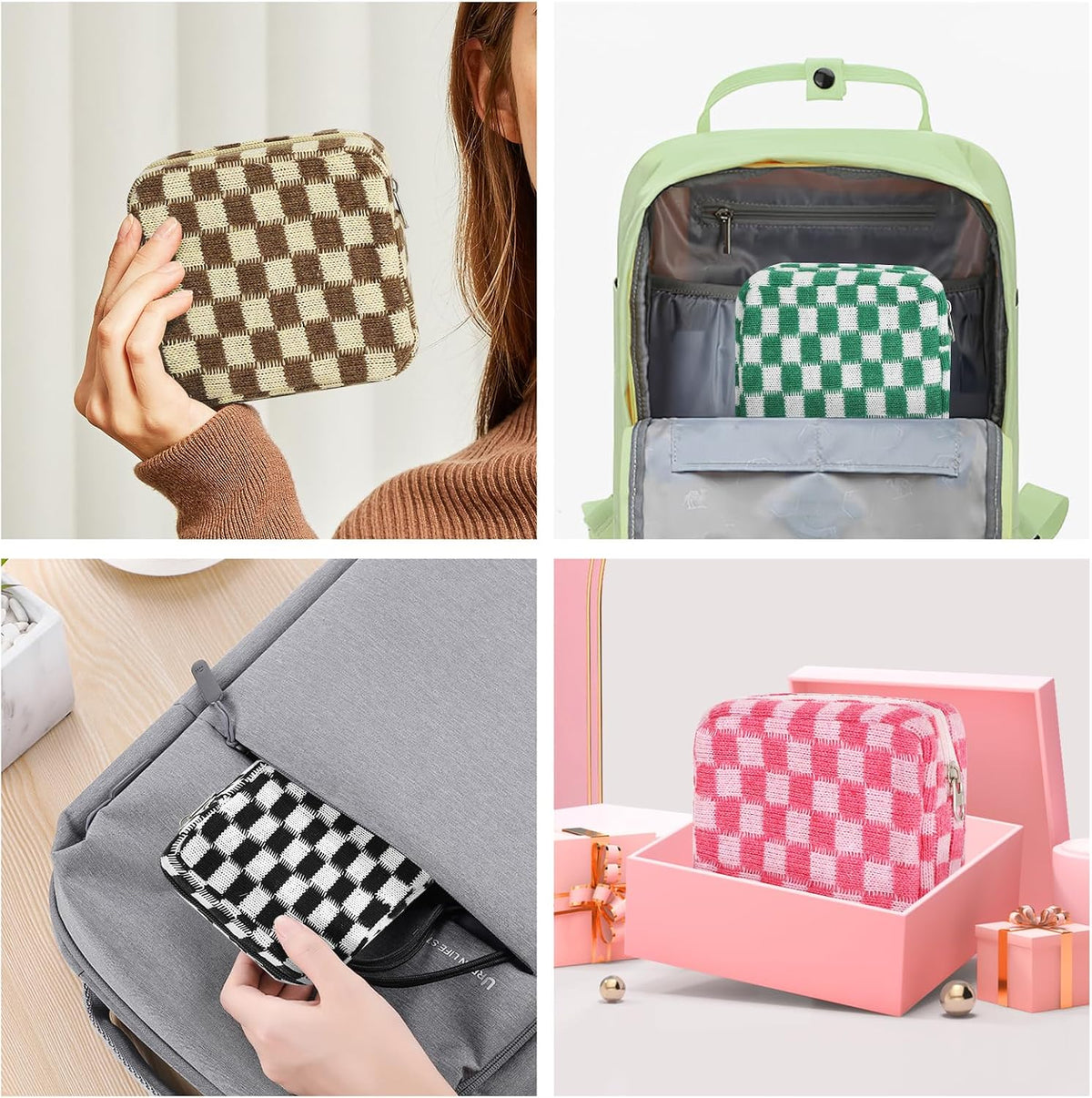 Sanitary Napkin Storage Bag, Menstrual Pad Zipper Bag Checkered Portable Period Bag Panty Liners, Tampon Storage Pouch for Women Ladies Daily Use Storage Purse Travel
