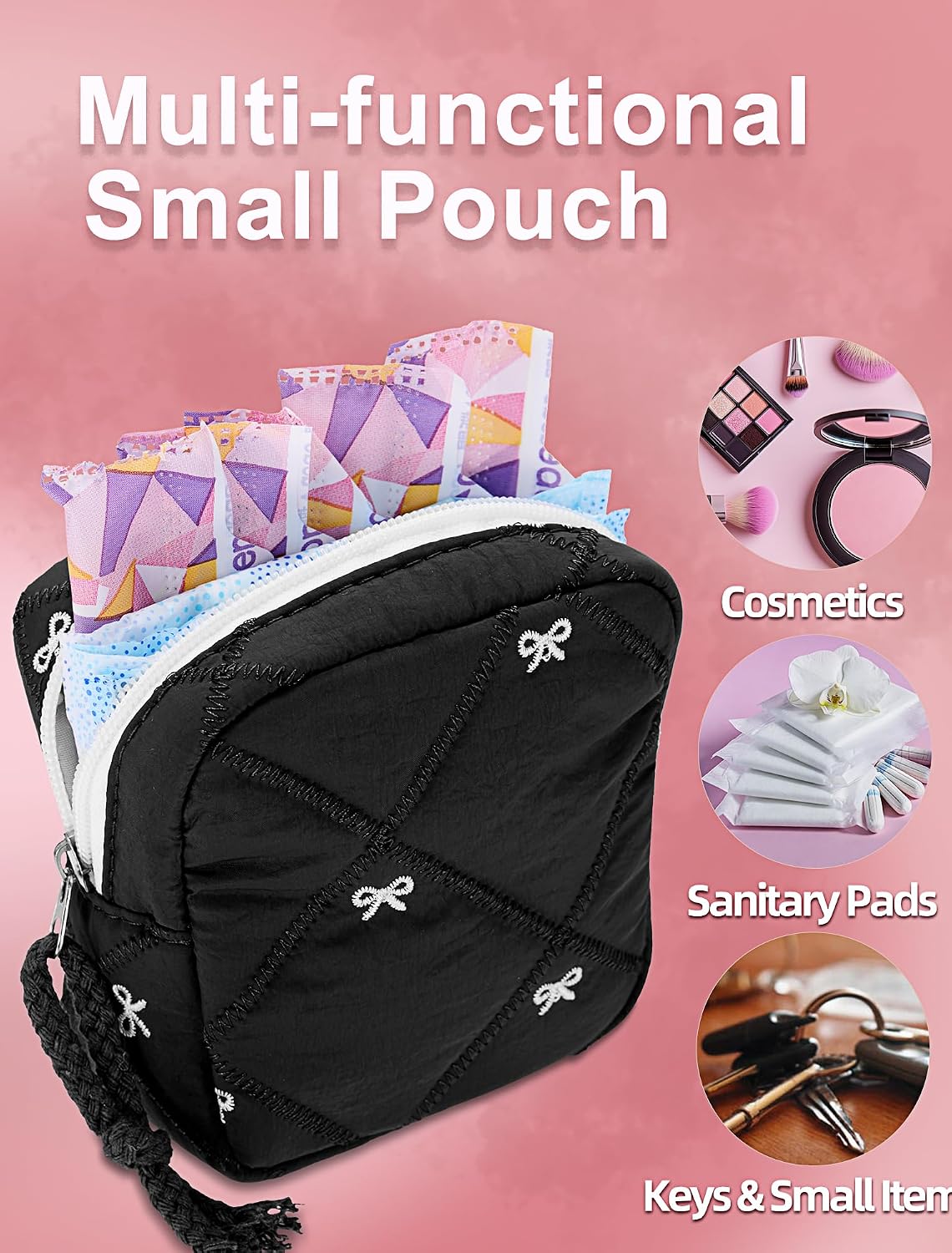 Quilted Bow Period Bag, Period Pouches for Teen Girls Women(Black)