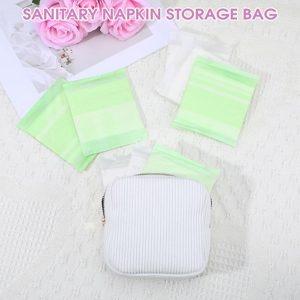 Xinjoduz 1 PCS Menstrual Bags for Teen Girls, Mini Corduroy Travel Period Bag for Sanitary Napkin Storage Portable Makeup Pouch with Zipper Feminine Pad Bags Tampon Holder for Women Purse(White)