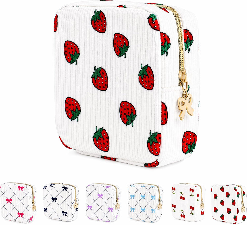 Period Bag for Women, Portable Corduroy Sanitary Napkin Storage Bag Strawberry Period Pouch with Zipper, Sanitary Pads Bag Tampons Holder for Purse, First Period