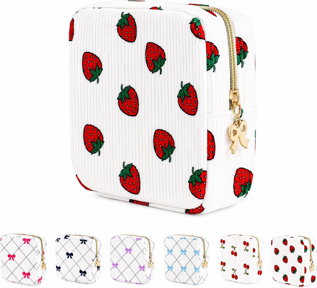 Period Bag for Women, Portable Corduroy Sanitary Napkin Storage Bag Strawberry Period Pouch with Zipper, Sanitary Pads Bag Tampons Holder for Purse, First Period