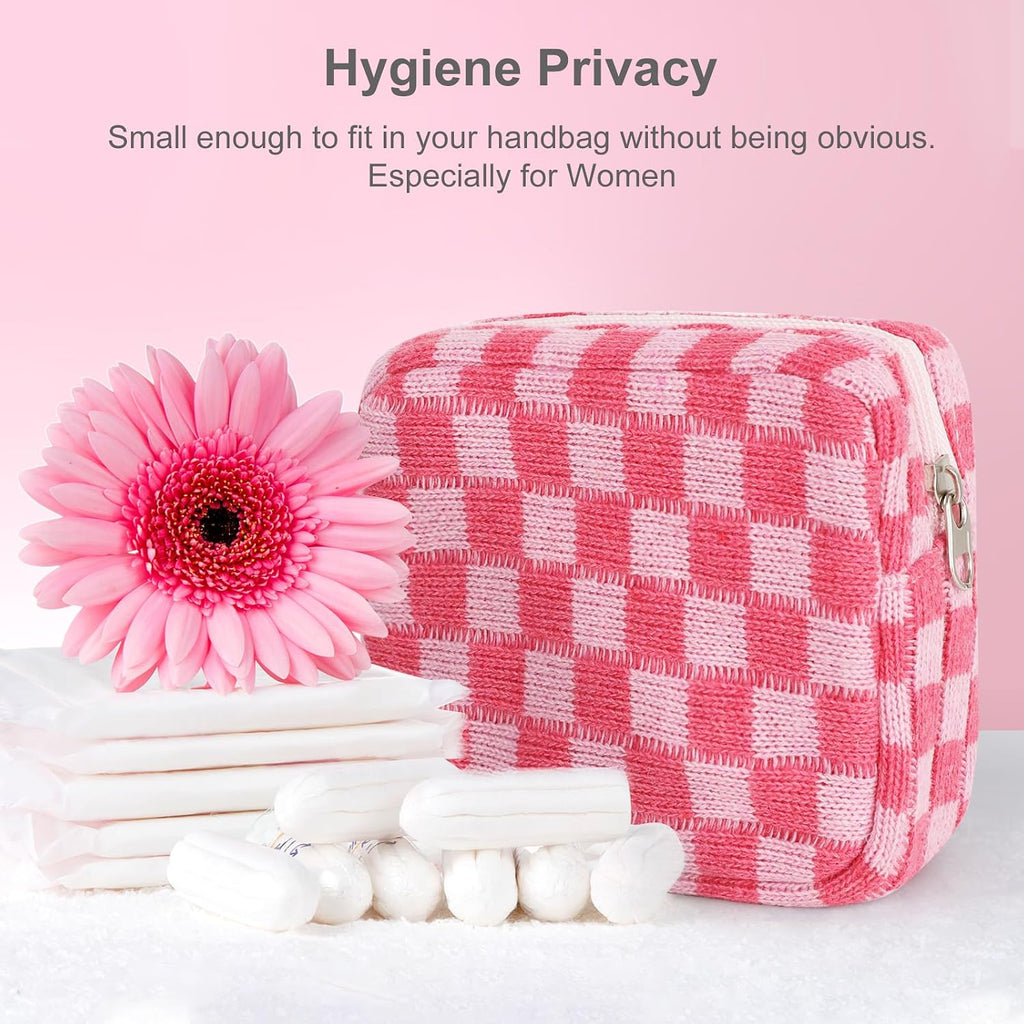 Sanitary Napkin Storage Bag, Menstrual Pad Zipper Bag Checkered Portable Period Bag Panty Liners, Tampon Storage Pouch for Women Ladies Daily Use Storage Purse Travel