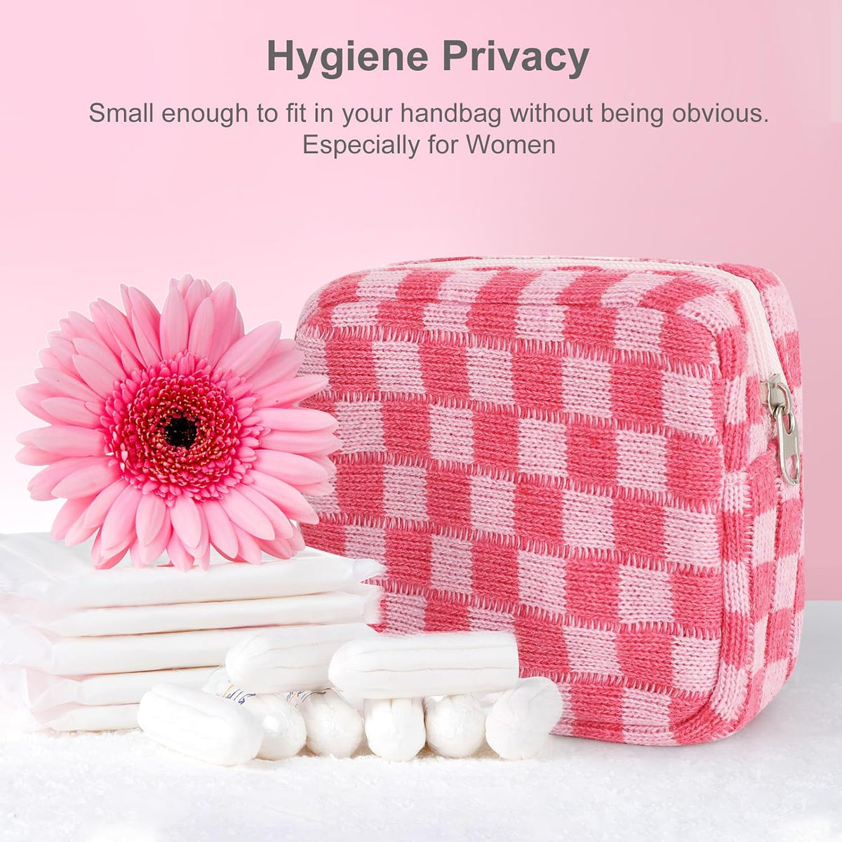 Sanitary Napkin Storage Bag, Menstrual Pad Zipper Bag Checkered Portable Period Bag Panty Liners, Tampon Storage Pouch for Women Ladies Daily Use Storage Purse Travel