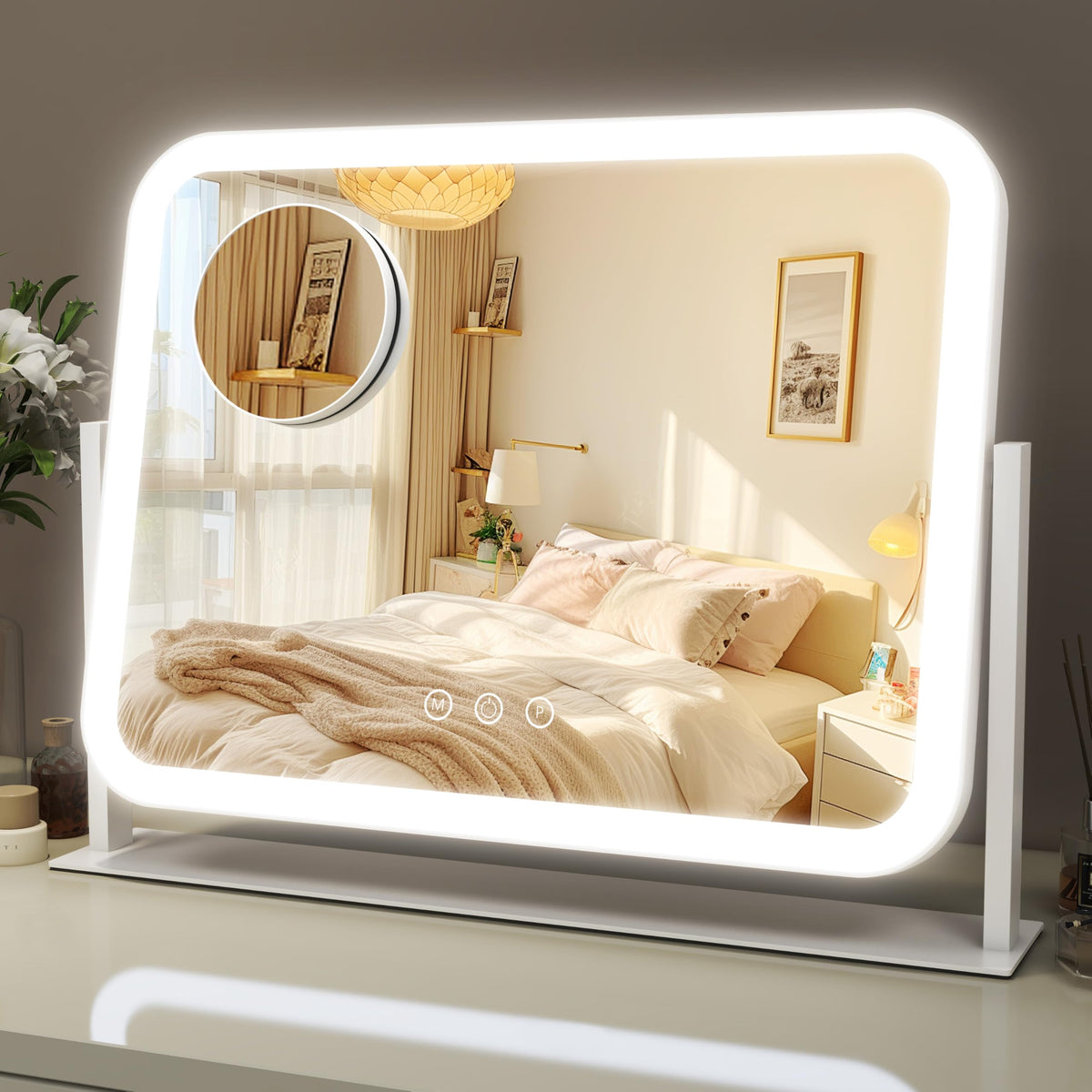 ROLOVE 8x10 Inch Lighted Vanity Mirror, 3-Color Dimmable LED Lighting & Touch Control, Portable Makeup Mirror with U-Bracket for Travel/Dressing Room (White)