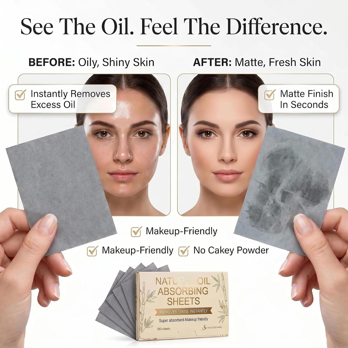 Natural Oil Blotting Sheets for Face - 25% Larger - 3pk/300 Makeup Friendly Oil Absorbing Sheets for Face - Easy Dispensing Blotting Papers - Perfect for Keeping in Purse