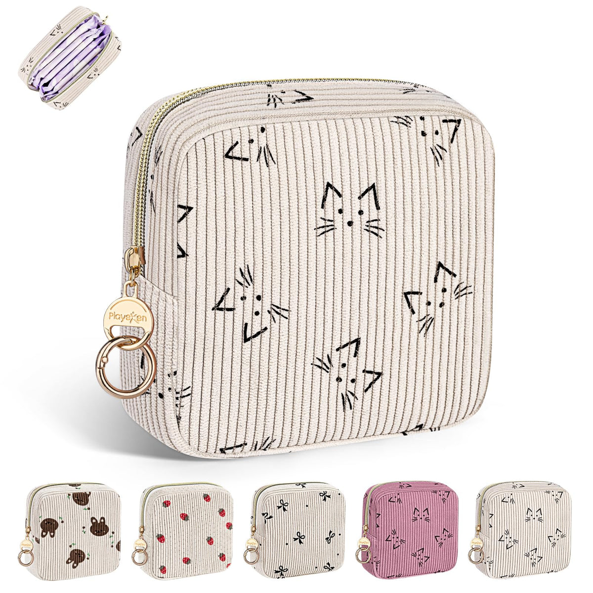 Period Bag for Teen Girls, Corduroy Sanitary Napkin Pouch, B-Beige