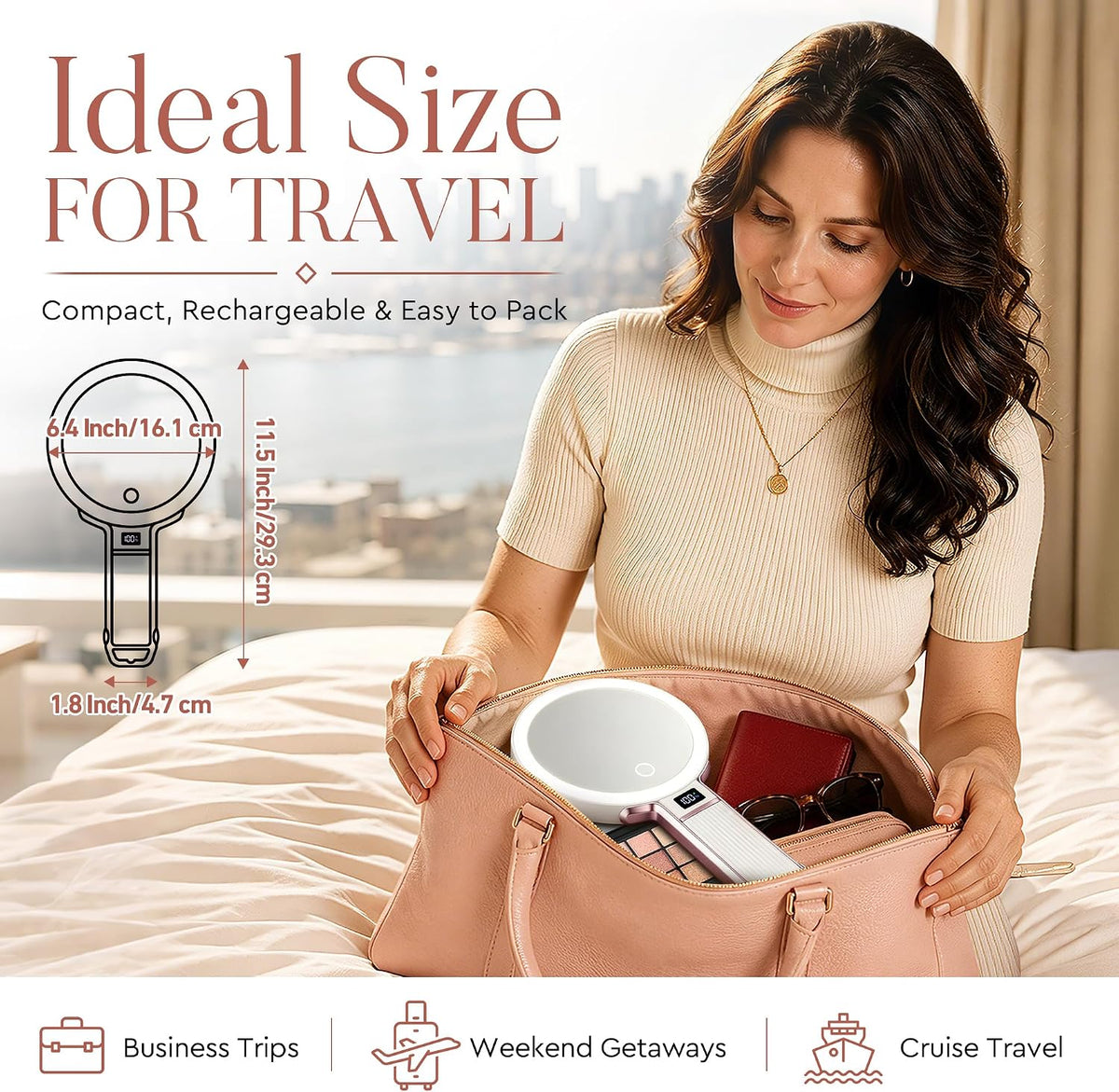 MIYADIVA Travel Makeup Mirror with Lights, Height Adjustable 30X/1X Double-Sided Magnifying Mirror, Portable Vanity Mirror with Digital Display & Phone Holder, Handheld Tabletop Hanging, Rose Gold