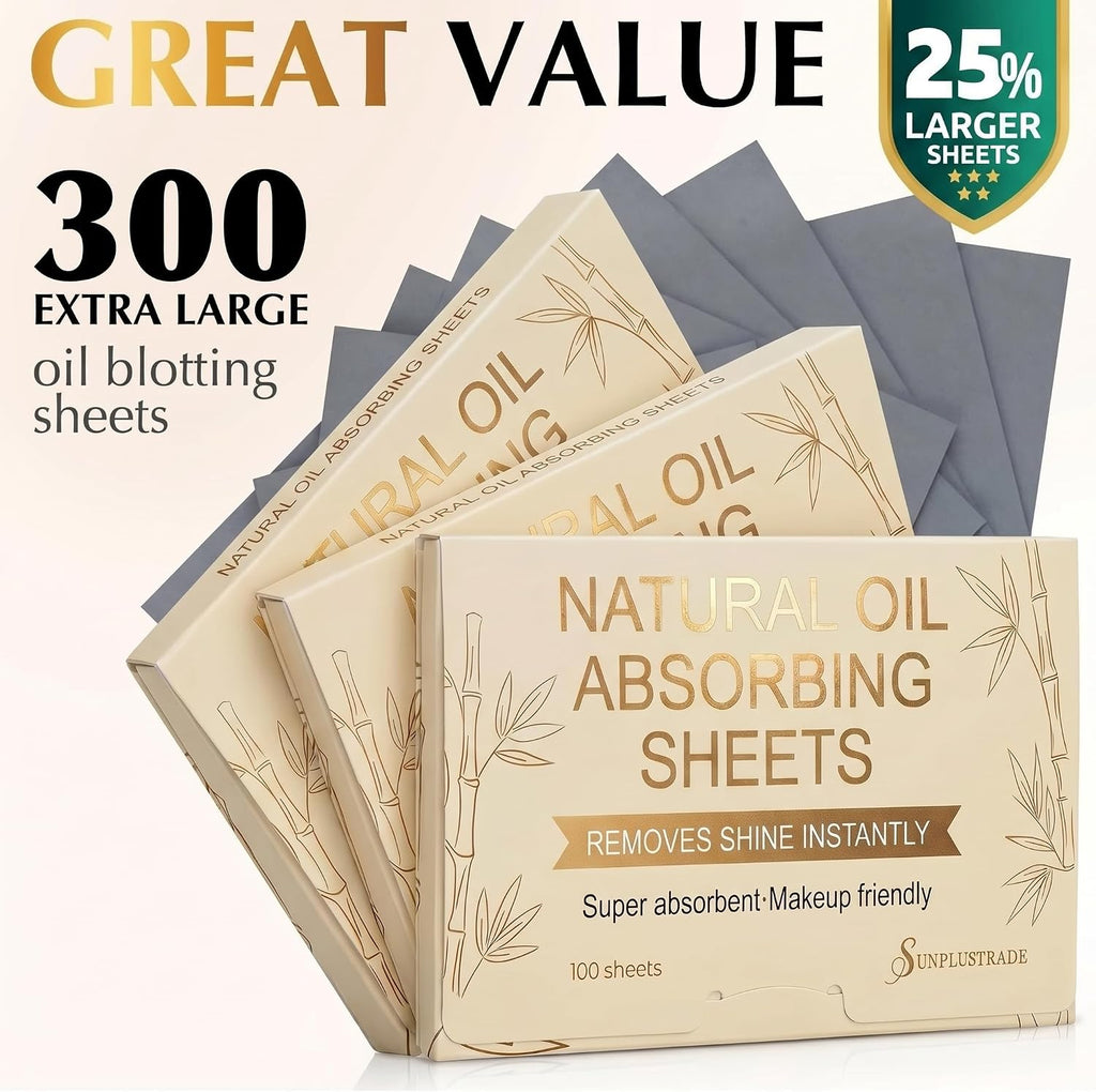 Natural Oil Blotting Sheets for Face - 25% Larger - 3pk/300 Makeup Friendly Oil Absorbing Sheets for Face - Easy Dispensing Blotting Papers - Perfect for Keeping in Purse