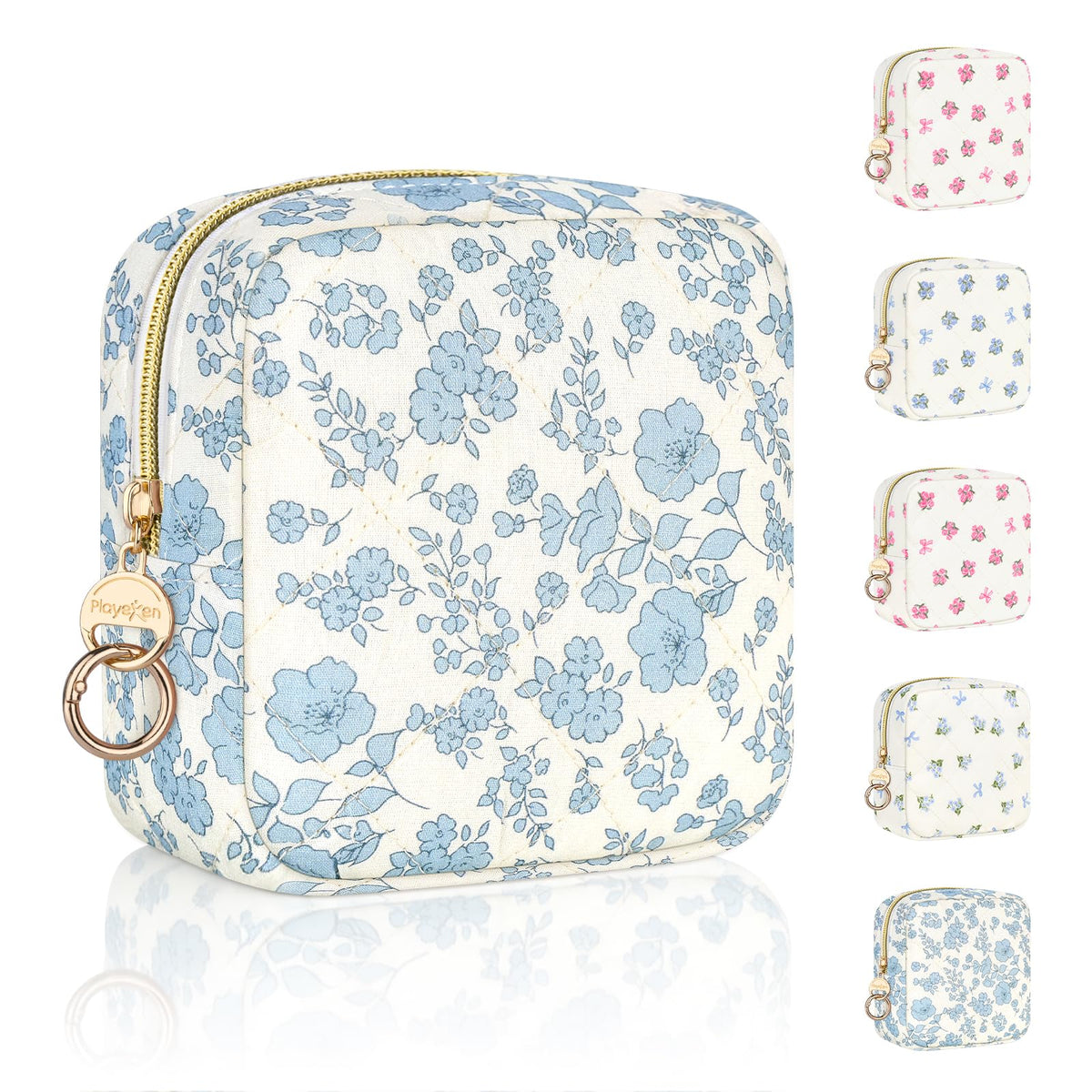 Floral Period Bag, Small Period Pouches for Teen Girls, Quilted Sanitary Napkin Storage Bag, Compact Discreet Pad and Tampon Holder for Purse (Floral-Blue)