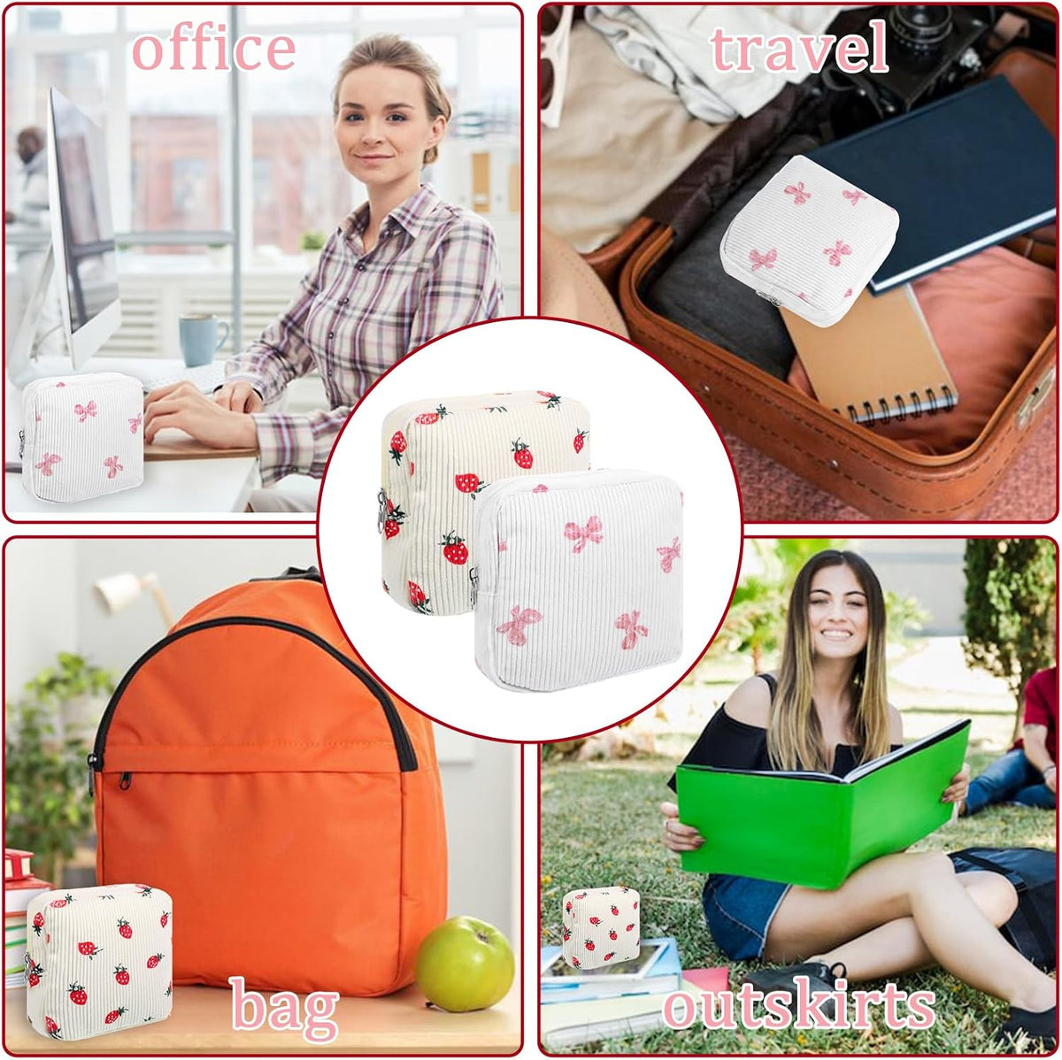 2 Pack Period Bag Pouch for Women Girls, Cute Corduroy Sanitary Napkin Storage Bag with Bow Design, Portable Discreet Menstrual Pad Pouches Tampon Holder for Purse, Small Make Up Bags