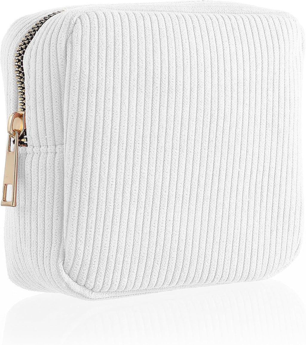 Xinjoduz 1 PCS Menstrual Bags for Teen Girls, Mini Corduroy Travel Period Bag for Sanitary Napkin Storage Portable Makeup Pouch with Zipper Feminine Pad Bags Tampon Holder for Women Purse(White)