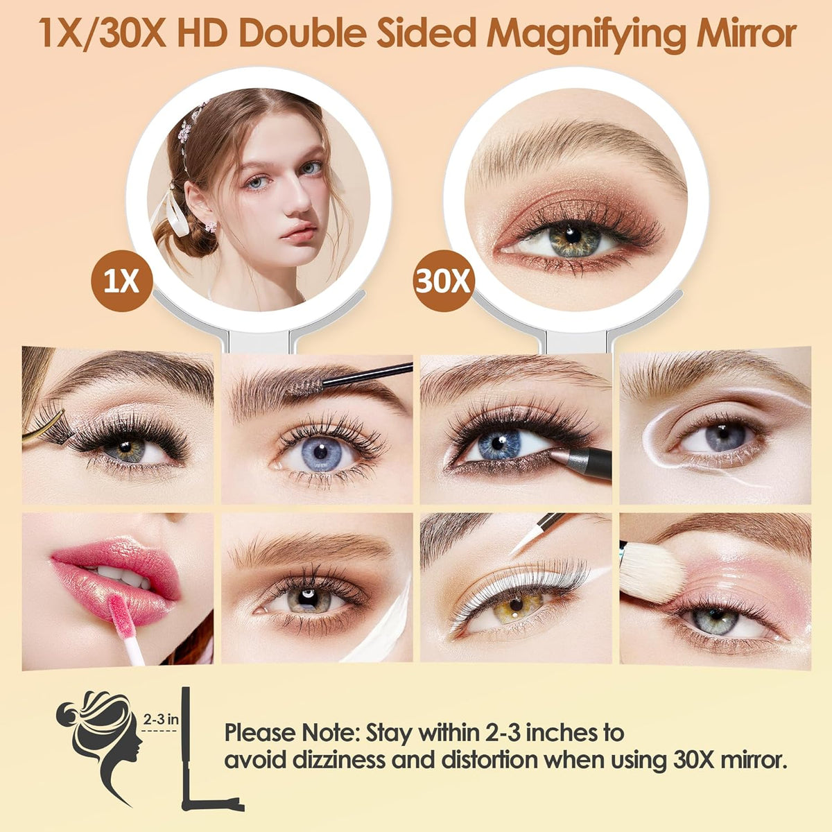 MIYADIVA Travel Makeup Mirror with Lights, Height Adjustable 30X/1X Double-Sided Magnifying Mirror, Portable Vanity Mirror with Tweezers, Handheld Tabletop Hanging, White