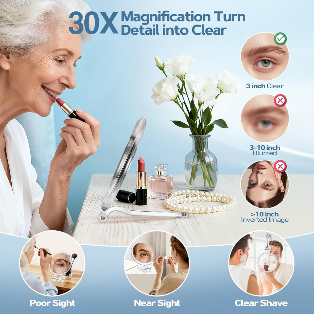 B Beauty Planet 30X Magnifying Mirror for Travel with Handle, Double-Sided 1X/30X Magnification Hand Mirror for Makeup,Travel Mirror for Desk 5 Inches