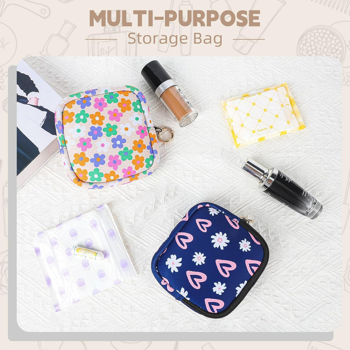 Period Bag for Teen Girls, Neoprene Cute Sanitary Napkin Storage Bag, Menstrual Pad Pouch Tampon Holder (Hearts)