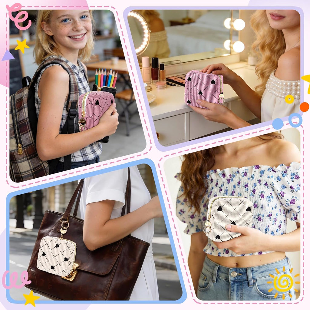 Corduroy Period Bag, Small Period Pouches for Teen Girls, Cute Sanitary Napkin Storage Bag, Compact Discreet Pad and Tampon Holder for Purse (Pink Hearts)