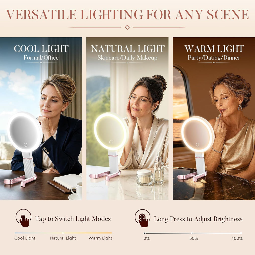 MIYADIVA Travel Makeup Mirror with Lights, Height Adjustable 30X/1X Double-Sided Magnifying Mirror, Portable Vanity Mirror with Digital Display & Phone Holder, Handheld Tabletop Hanging, Rose Gold