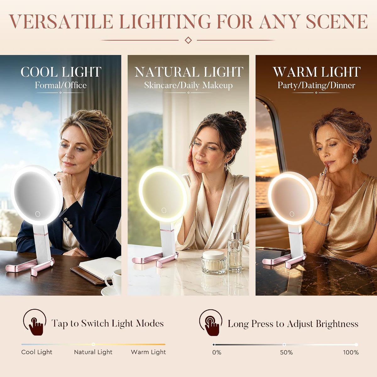 MIYADIVA Travel Makeup Mirror with Lights, Height Adjustable 30X/1X Double-Sided Magnifying Mirror, Portable Vanity Mirror with Digital Display & Phone Holder, Handheld Tabletop Hanging, Rose Gold