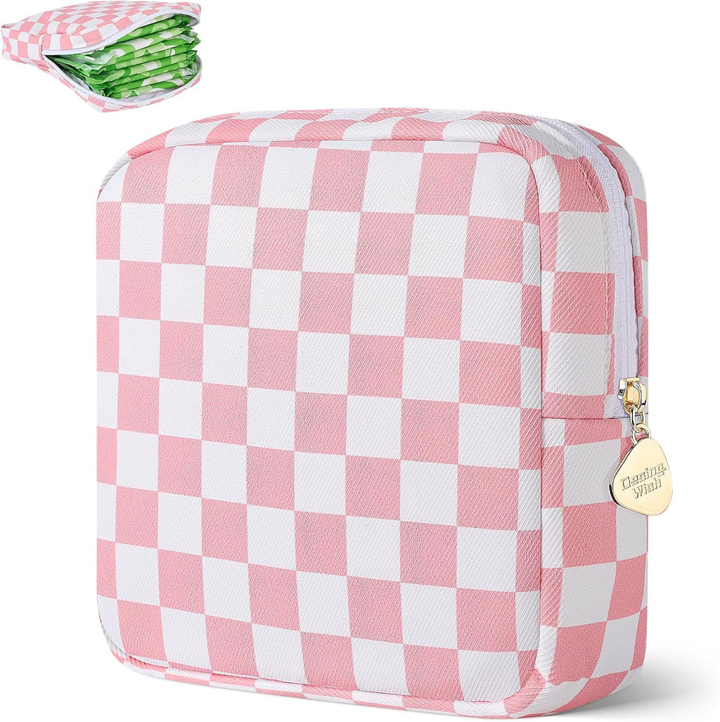 Sanitary Pad Storage Bag Portable Period Bag for Teen Pads/Sanitary Napkins/Small Tampons, Sanitary Napkin Storage Bag First Period Gifts for Teen Girls (Pink-White Checker)