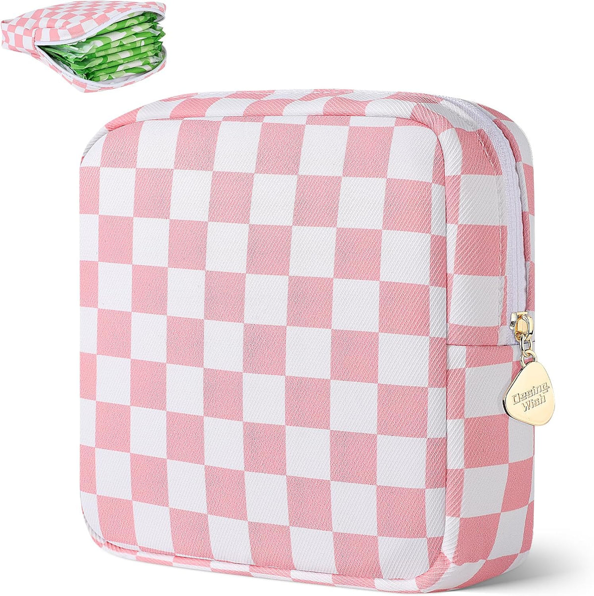 Sanitary Pad Storage Bag Portable Period Bag for Teen Pads/Sanitary Napkins/Small Tampons, Sanitary Napkin Storage Bag First Period Gifts for Teen Girls (Pink-White Checker)