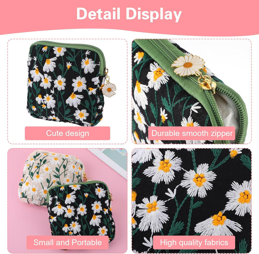 TIESOME Daisies Sanitary Napkin Storage Bag, 2 Pcs Embroidery Menstrual Cup Pouch Cotton Soft Period Holder Bag Portable Tampon Holder Pad Pouch Period Kit Bag for Women Teen Girls
