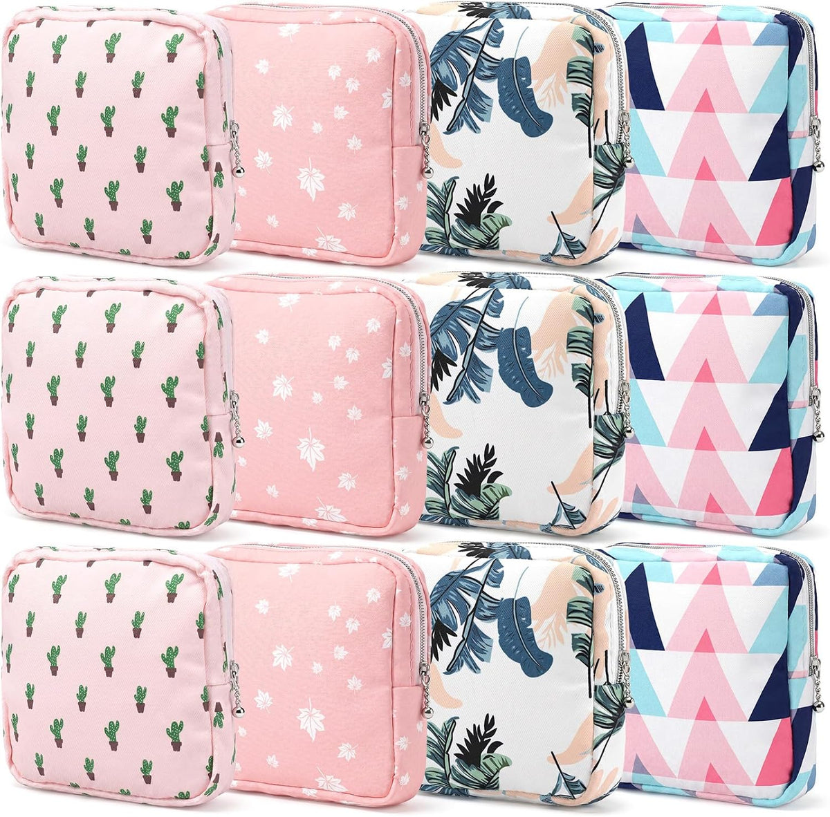12 Pack Cotton Period Pouch Set, Cute Period Bag for Purse, 4 Patterns