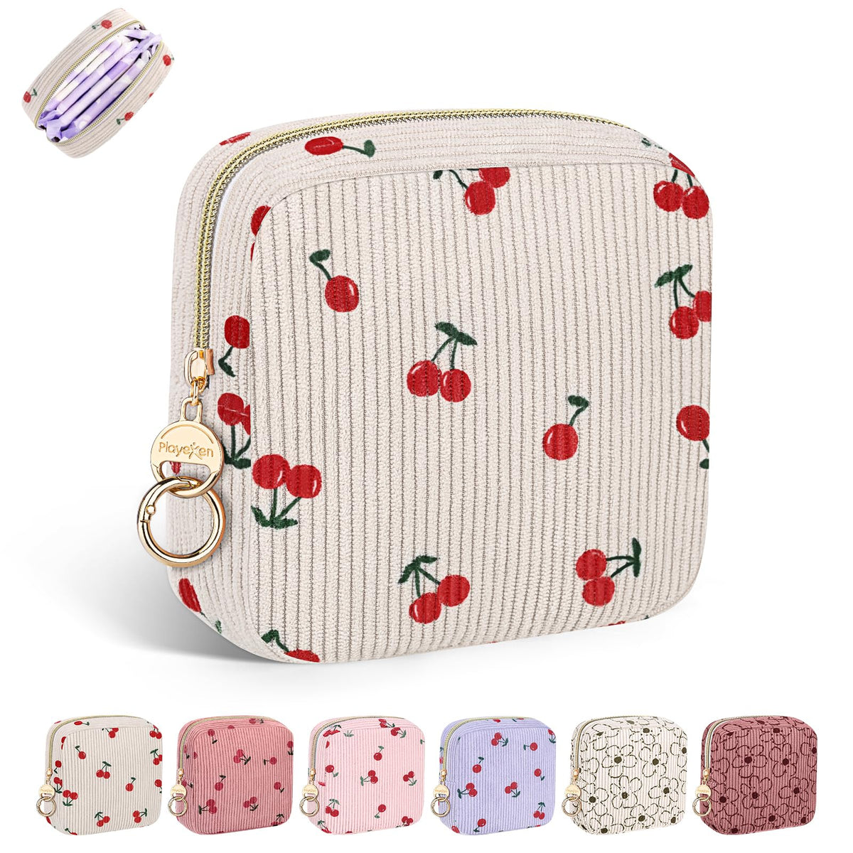 Period Bag for Teen Girls, Corduroy Sanitary Napkin Pouch, S-Beige