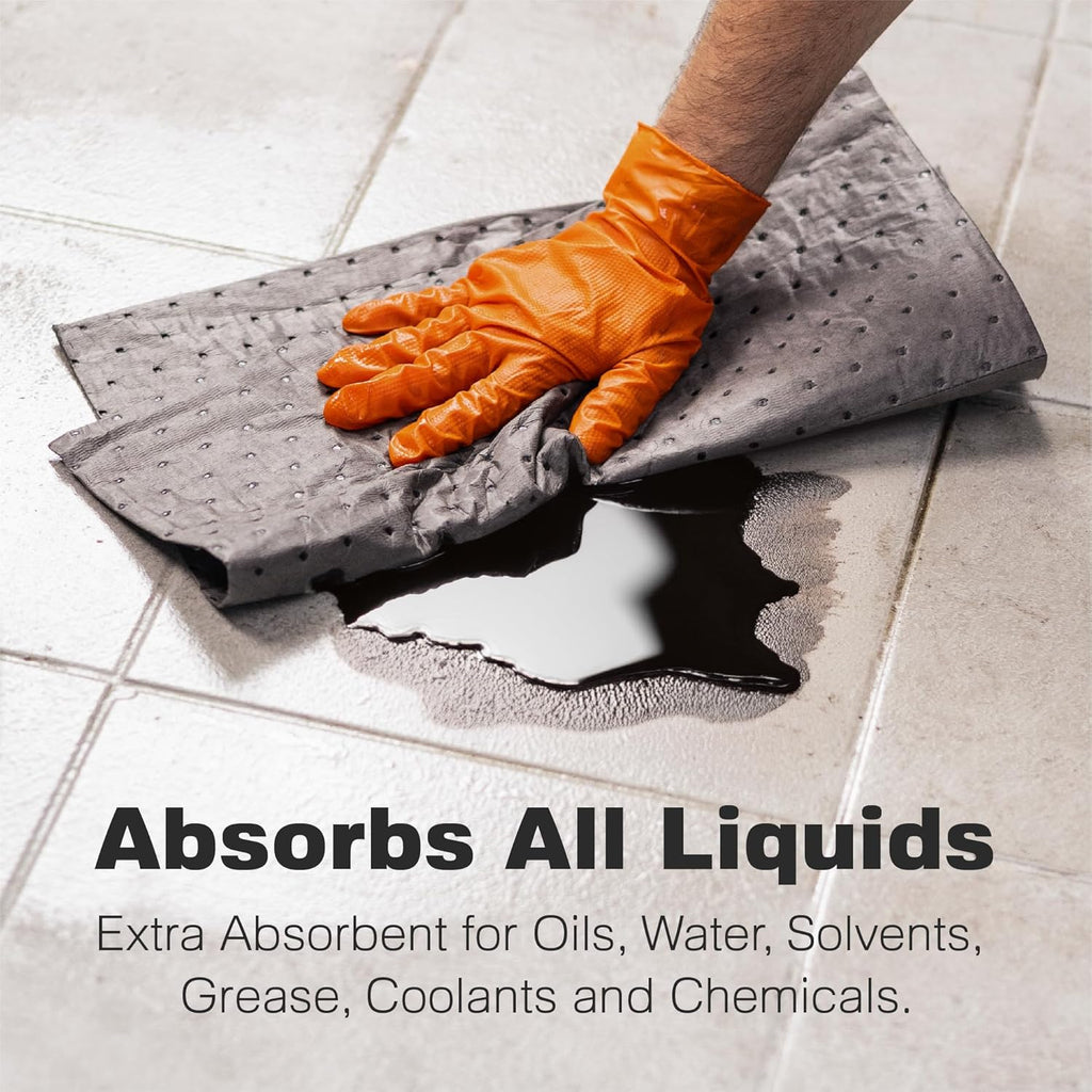 Raxwell Oil Absorbent Pads 200 Pack – 16” x 18” Heavy-Duty Spill Pads, 8-Layer Polypropylene, Dimpled & Perforated Universal Absorbent Sheets - Garage Floor Mat for Oil, Coolant, Water & Chemicals