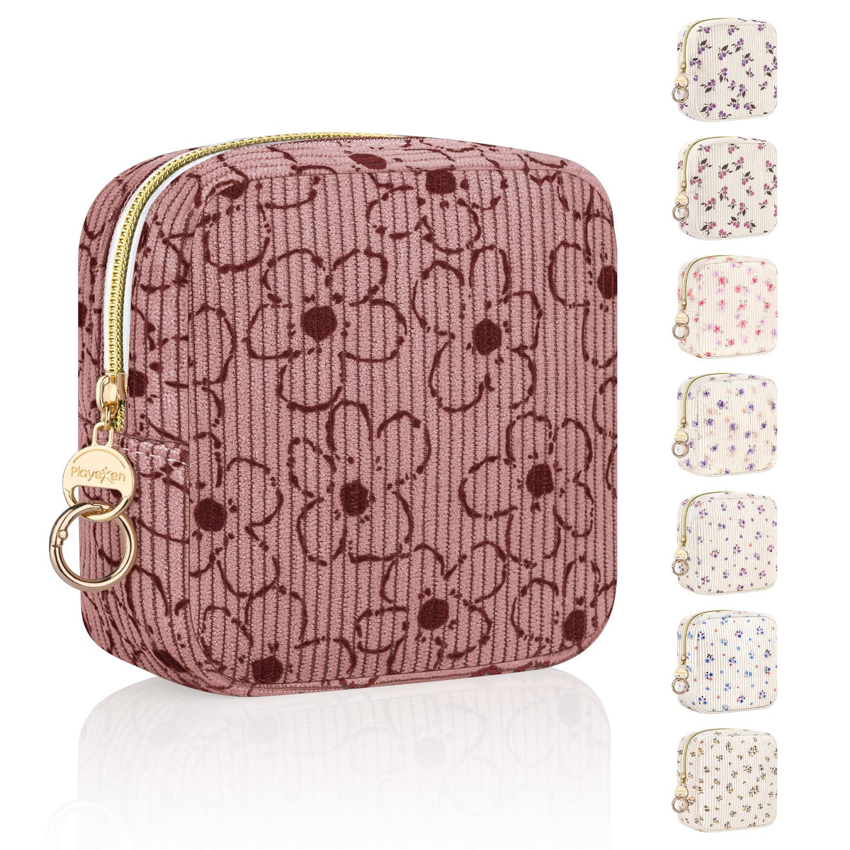 Floral Period Bag, Small Period Pouches for Teen Girls, Quilted Sanitary Napkin Storage Bag, Compact Discreet Pad and Tampon Holder for Purse (Floral-Blue)