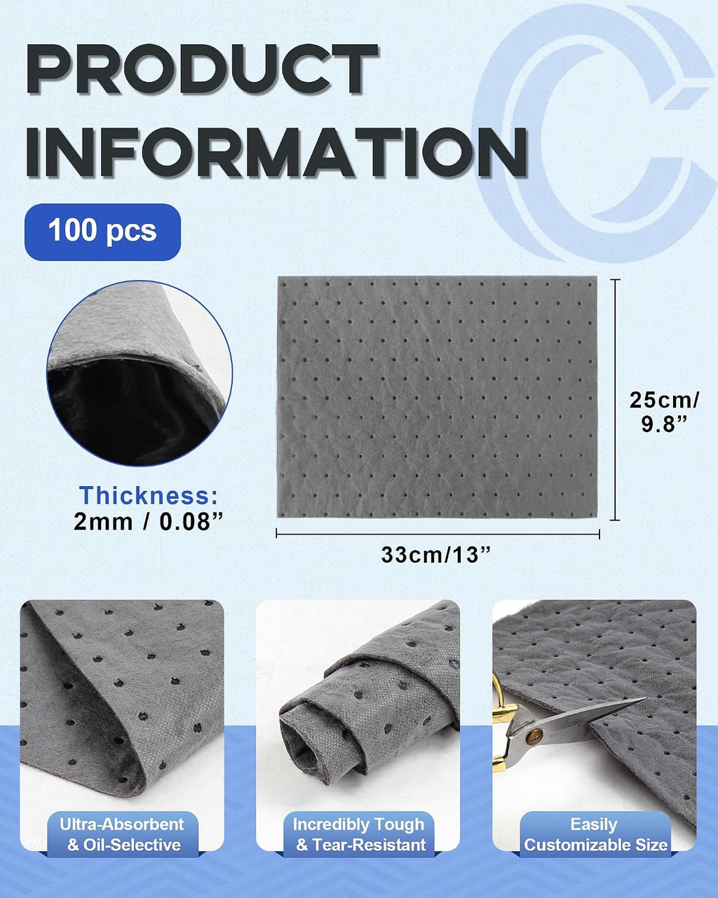 9.8"x13" Oil Absorbent Pads 100 Pack | Heavy & Fast Absorb