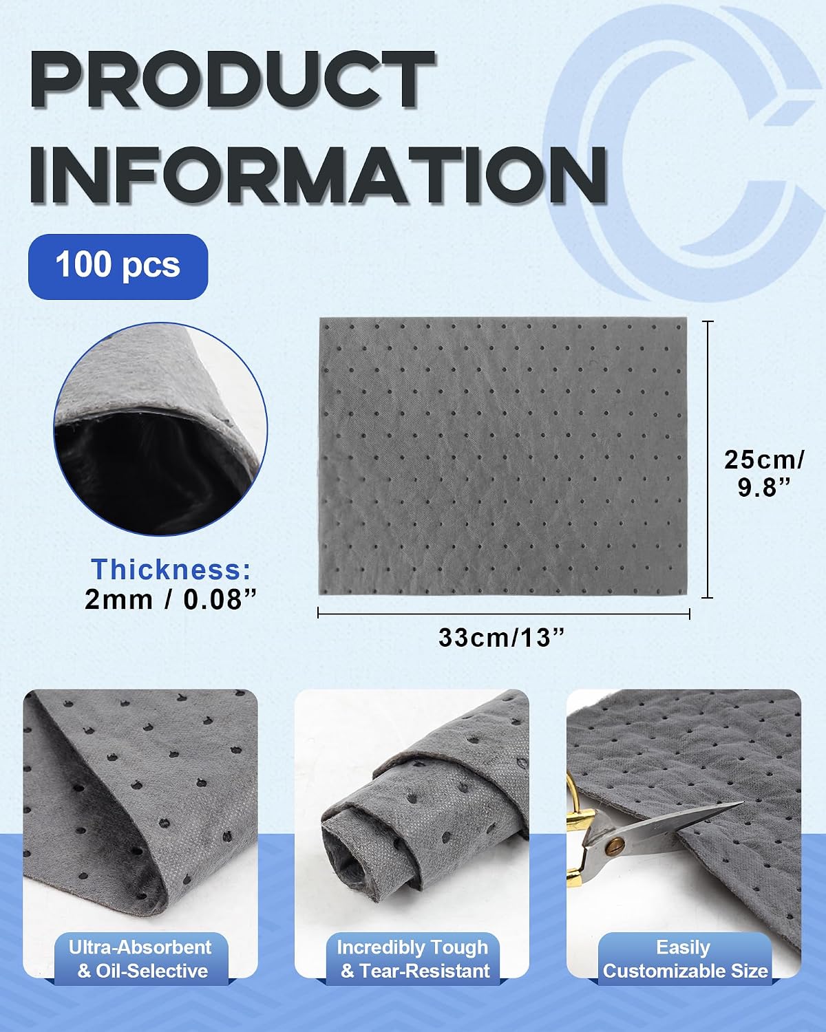 9.8"x13" Oil Absorbent Pads 100 Pack | Heavy & Fast Absorb