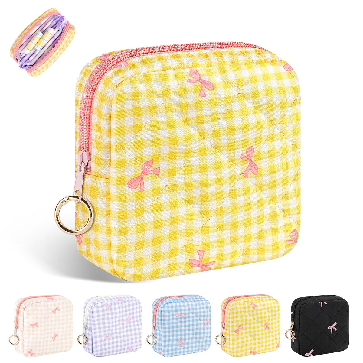 Period Bag for Teen Girls, Quilted Sanitary Napkin Storage Bag, Cute Bow Tie Menstrual Pad Pouch Tampon Holder (Plaid Pink)