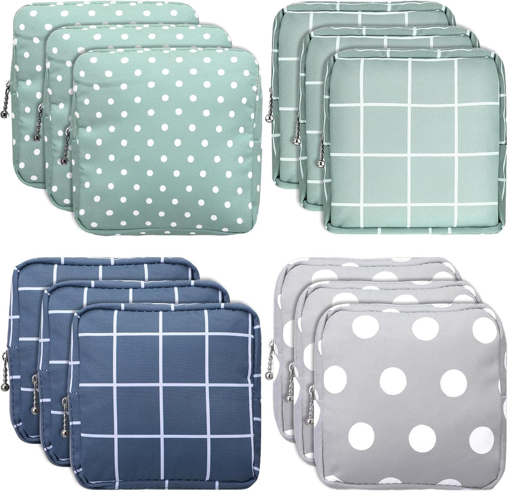 Lemecima 12pcs Period Bag & Pouch, Sanitary Napkin Storage Bag Reusable Menstrual Pad Organizer Pouches for Teen Girls & Women, Multi-functional Purse Organizer for Travel, Office, School (4 Styles)