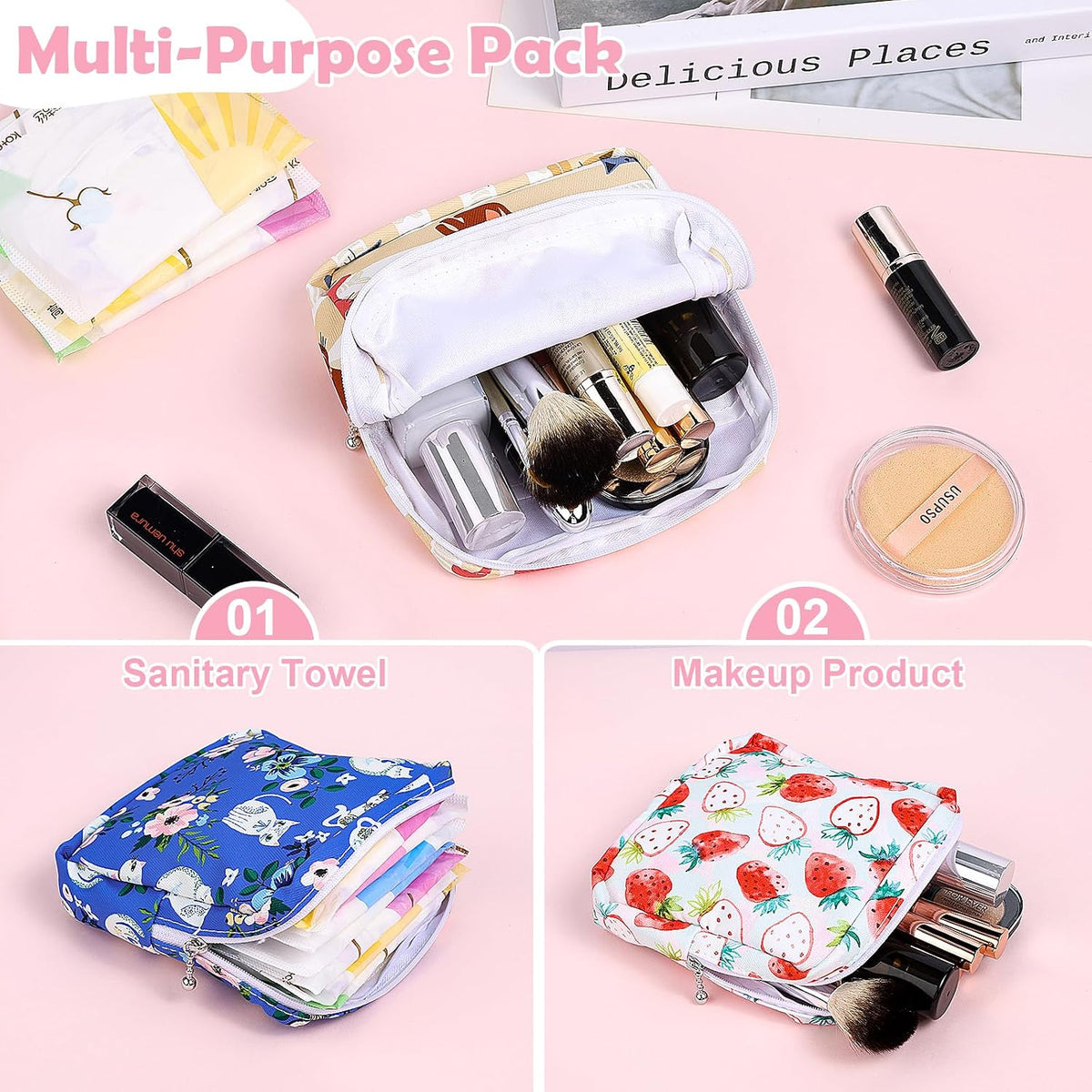Sanitary Pad Storage Bag Portable Period Bag for Teen Pads/Sanitary Napkins/Small Tampons, Sanitary Napkin Storage Bag First Period Gifts for Teen Girls (Pink-White Checker)