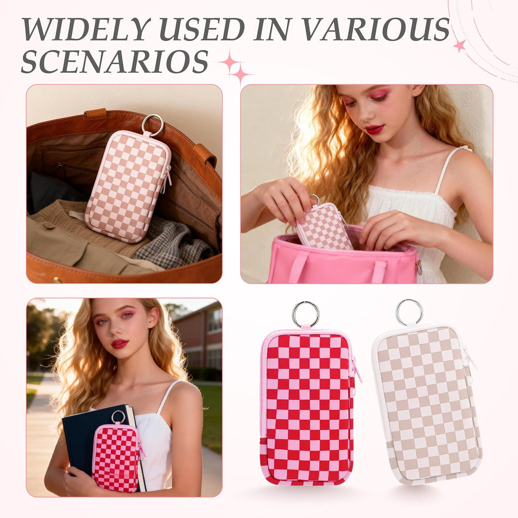 KJQJLY 2 Pack Portable Tampon Organizer Bag Tampon Holder & Storage Case with Zipper for Travel, Discreet Period Bag for Purse, Waterproof Feminine Products Pouch for Women (Checkered)