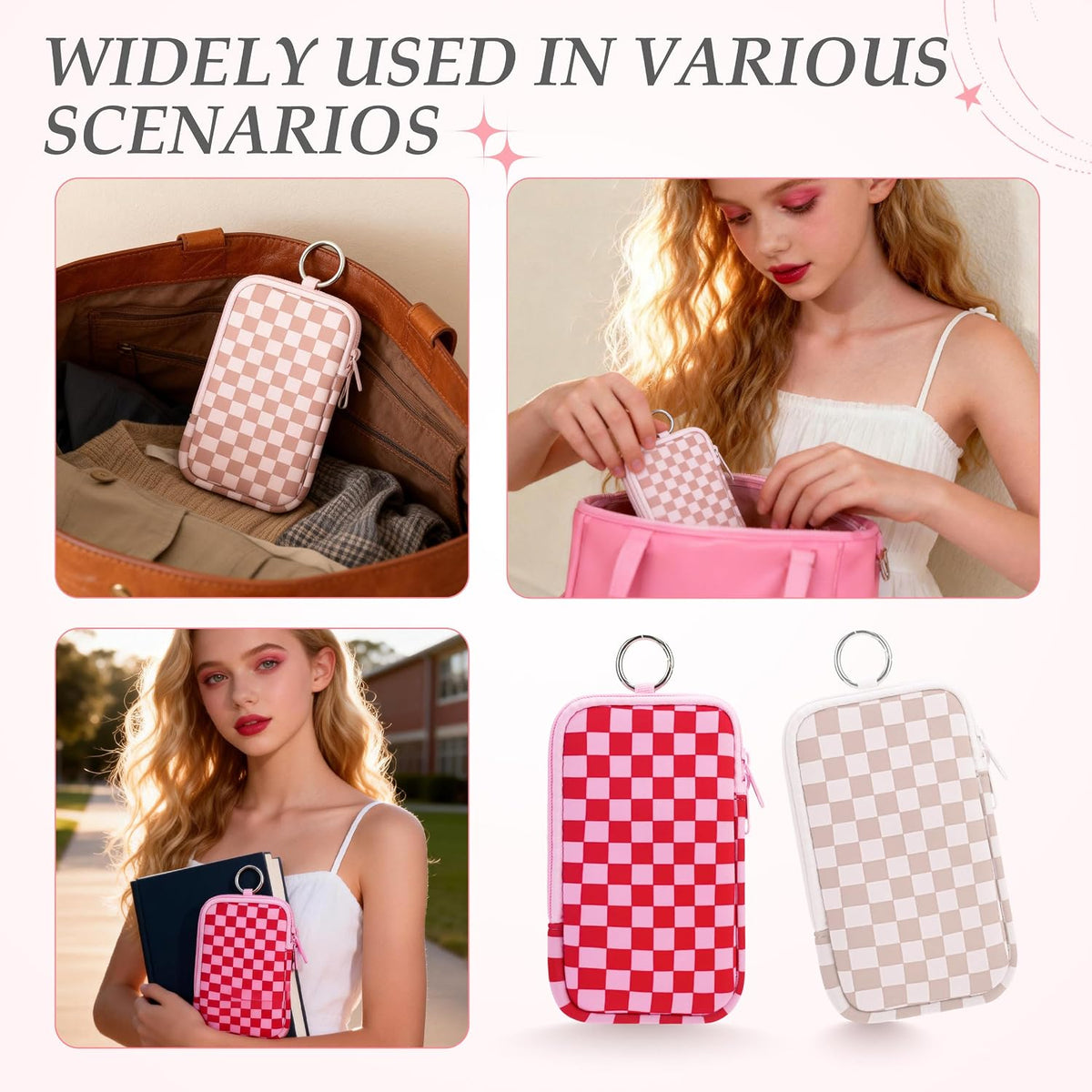 KJQJLY 2 Pack Portable Tampon Organizer Bag Tampon Holder & Storage Case with Zipper for Travel, Discreet Period Bag for Purse, Waterproof Feminine Products Pouch for Women (Checkered)