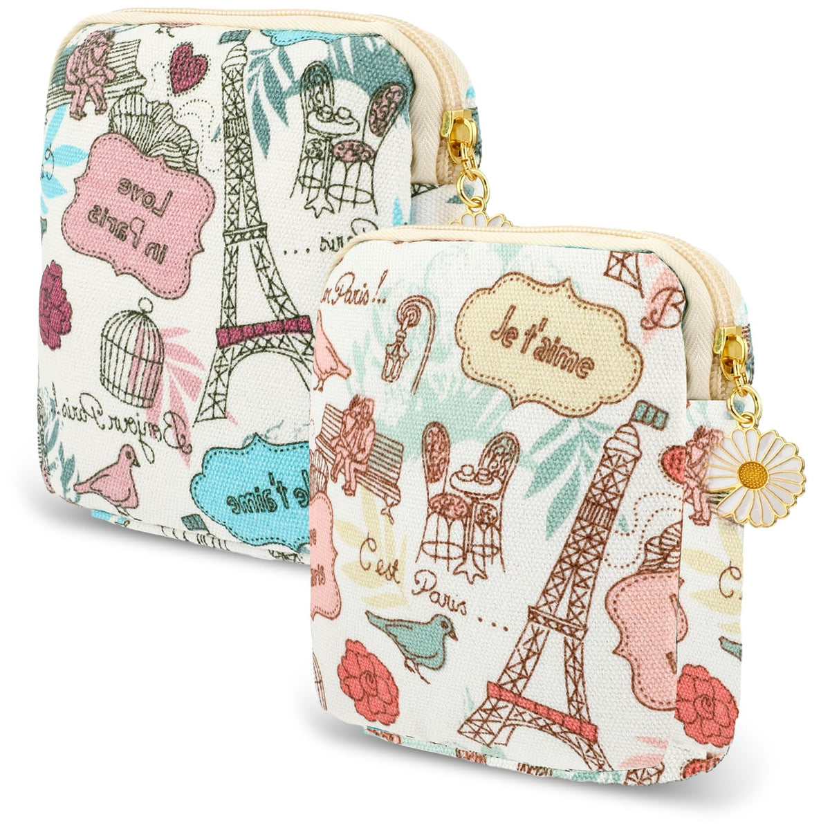 cobee 2PCS Sanitary Pad Storage Bag, Cute Sanitary Napkin Storage Purses Portable Period Bag with Daisy Zipper Panty Liner Tampon Menstrual Cup Nursing Pad Holder Pouch for Girls Women Travel(Cat)