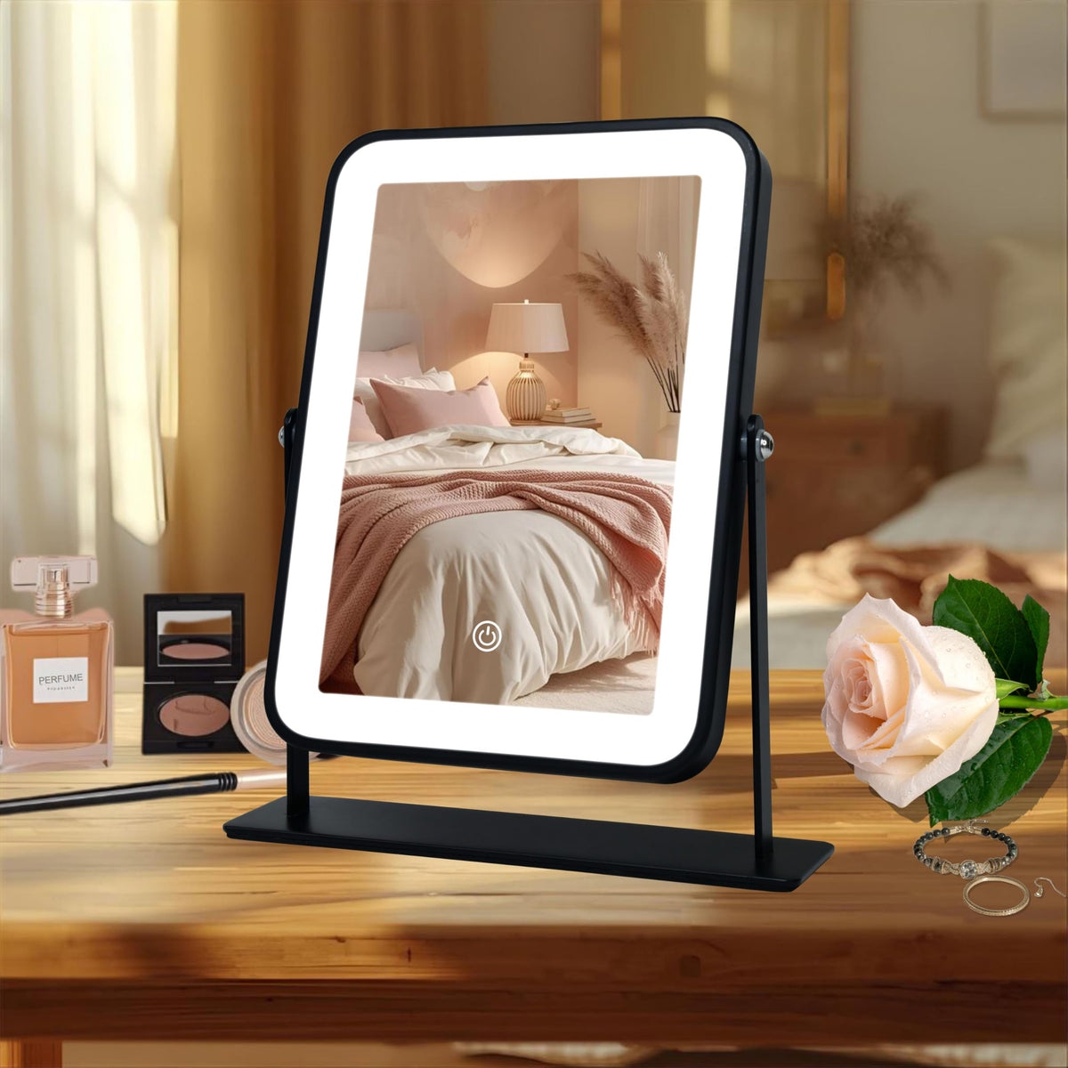 Vanity Mirror with Lights 6x8 Inch, Rechargeable Makeup Mirror for Desk, 3-Color Lighting & Touch Control Tabletop Mirror Lights, Portable Cordless Travel Mirror